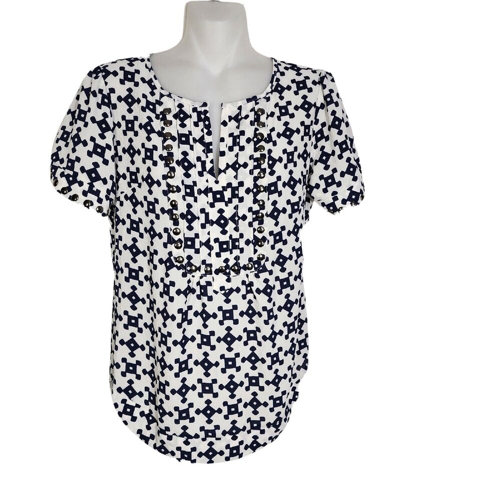 41 Hawthorn Women Blouse Top XS Blue Ivory Moni Geo Printed Studded Short Sleeve